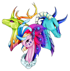 Size: 1936x1979 | Tagged: safe, artist:oneiria-fylakas, character:princess ember, character:queen novo, character:thorax, species:changeling, species:classical hippogriff, species:dragon, species:hippogriff, species:reformed changeling, my little pony: the movie (2017), bust, portrait, simple background, transparent background