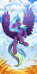 Size: 760x1500 | Tagged: safe, artist:hioshiru, oc, oc only, oc:zolifer, species:pegasus, species:pony, chest fluff, cloud, colored hooves, field, flying, looking up, male, solo, spread wings, stallion, wings