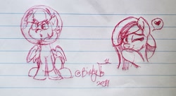 Size: 3009x1631 | Tagged: safe, artist:binkyt11, character:derpy hooves, character:marble pie, species:earth pony, species:pegasus, species:pony, :o, bubble, bust, female, heart, lined paper, looking at you, mare, one eye closed, open mouth, pictogram, traditional art, wink