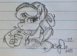 Size: 2144x1571 | Tagged: safe, artist:binkyt11, character:princess luna, species:alicorn, species:pony, alternate hairstyle, bendy straw, bust, casual, clothing, drink, drinking straw, female, hat, lined paper, mare, messy mane, missing horn, monochrome, raised eyebrow, solo, traditional art, unamused
