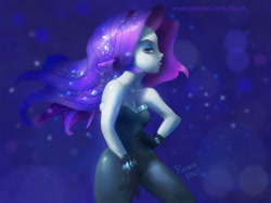 Size: 995x746 | Tagged: safe, artist:grissaecrim, character:rarity, episode:the other side, g4, my little pony: equestria girls, my little pony:equestria girls, bare shoulders, clothing, female, gloves, music video, pose, profile, scene interpretation, solo, unitard