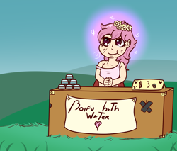 Size: 1058x902 | Tagged: safe, artist:lazerblues, oc, oc only, oc:arbor, parent:fluttershy, satyr, bath water, belle delphine, floral head wreath, flower, offspring, solo