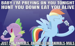 Size: 638x395 | Tagged: safe, artist:porygon2z, edit, editor:undeadponysoldier, character:rainbow dash, character:spike, species:dragon, species:pegasus, species:pony, animals (maroon 5), duet, female, male, mare, maroon 5, microphone, open mouth, singing, song reference