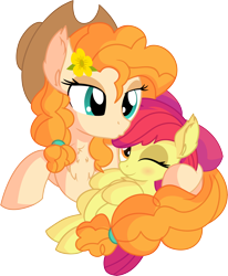 Size: 6545x7934 | Tagged: safe, artist:cyanlightning, character:apple bloom, character:pear butter, species:earth pony, species:pony, .svg available, absurd resolution, adorabloom, apple bloom's bow, bow, clothing, cute, duo, eyes closed, female, filly, forehead kiss, hair bow, hat, holding, hug, kissing, lidded eyes, mare, mother and daughter, motherly, simple background, sitting, transparent background, vector