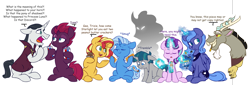 Size: 6808x2324 | Tagged: safe, artist:chub-wub, character:chancellor neighsay, character:discord, character:fizzlepop berrytwist, character:pony of shadows, character:princess luna, character:starlight glimmer, character:stygian, character:sunset shimmer, character:tempest shadow, character:trixie, species:pony, species:unicorn, broken horn, crackers, dialogue, eye scar, eyes closed, food, gee bill, horn, levitation, magic, peanut butter, peanut butter crackers, reformed villain, s1 luna, scar, snacks, telekinesis, vein bulge