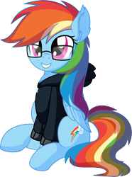 Size: 5508x7384 | Tagged: safe, artist:cyanlightning, character:rainbow dash, species:pegasus, species:pony, .svg available, absurd resolution, adorkable, chest fluff, clothing, cute, dashabetes, dork, ear fluff, female, folded wings, glasses, hoodie, mare, nerd, rainbow dork, simple background, sitting, smiling, solo, transparent background, vector, wing fluff, wings