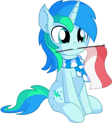 Size: 1993x2185 | Tagged: safe, artist:cyanlightning, oc, oc only, oc:cyan lightning, species:pony, species:unicorn, 2020 community collab, derpibooru community collaboration, .svg available, chest fluff, clothing, colt, ear fluff, flag, indonesia, indonesian, indonesian flag, indonesian independence day, male, mouth hold, scarf, simple background, sitting, solo, svg, transparent background, vector