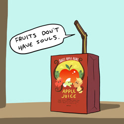 Size: 800x800 | Tagged: safe, artist:askthejuicebox, artist:docwario, character:applejack, character:big mcintosh, character:granny smith, oc, oc:juice box, species:pony, apple juice, irony, juice, juice box