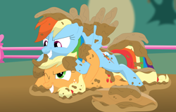 Size: 3536x2269 | Tagged: safe, artist:porygon2z, character:applejack, character:rainbow dash, species:earth pony, species:pegasus, species:pony, catfight, farm, fight, freckles, looking at each other, mud, mud wrestling, playing