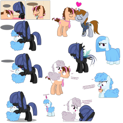 Size: 5000x5000 | Tagged: safe, artist:zacatron94, oc, oc:curly mane, oc:littlepip, oc:neigh sayer, oc:think pink, species:earth pony, species:pony, species:unicorn, fallout equestria, absurd resolution, clothing, eyes closed, fanfic, fanfic art, female, fusion, hetero littlepip, hooves, horn, kissing, male, mare, necktie, open mouth, pipbuck, raised hoof, sheep pony, stallion, toy, vault suit, vector, x eyes