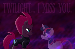 Size: 6318x4101 | Tagged: safe, artist:ejlightning007arts, character:tempest shadow, character:twilight sparkle, character:twilight sparkle (alicorn), species:alicorn, species:pony, species:unicorn, ship:tempestlight, armor, broken horn, eye scar, fading, female, horn, lesbian, sad, scar, shipping, teary eyes, text, wallpaper