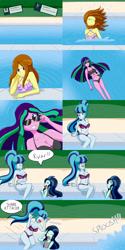 Size: 2000x4000 | Tagged: safe, artist:jake heritagu, character:adagio dazzle, character:aria blaze, character:sonata dusk, oc, oc:dolly dusk, parent:chancellor neighsay, parent:sonata dusk, comic:aria's archives, my little pony:equestria girls, belly button, bikini, breasts, cleavage, clothing, comic, dazzling, dialogue, female, floating, grimdark series, laughing, midriff, mother and daughter, offspring, questionable series, siblings, sisters, speech bubble, splash, sunglasses, swimming pool, swimsuit