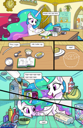 Size: 1989x3072 | Tagged: safe, artist:docwario, character:bon bon, character:daisy jo, character:discord, character:princess celestia, character:sweetie drops, character:trixie, oc, oc:flaky pastry, oc:pia ikea, species:alicorn, species:pony, comic:royal chores, banana, beans, book, butter, cake, cakelestia, cereal, cherry, clock, comic, cupcake, cute, cutelestia, diabetes, egg, flour, food, jam, jewelry, ketchup, milk, mustard, necklace, offscreen character, olive, pear butter (food), pear jam, recipe, refrigerator, sauce, sugar (food), whipped cream