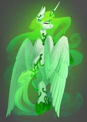 Size: 3508x4961 | Tagged: safe, artist:underpable, oc, oc only, oc:eos, species:alicorn, species:pony, alicorn oc, big wings, ethereal mane, female, glowing mane, green eyes, green mane, jewelry, mare, regalia, smiling, wings