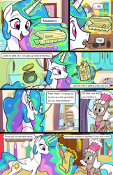 Size: 1989x3072 | Tagged: safe, artist:docwario, character:daisy jo, character:discord, character:princess celestia, character:trixie, oc, oc:flaky pastry, species:alicorn, species:pony, comic:royal chores, beans, book, butter, cake, cakelestia, cereal, cherry, clock, comic, cupcake, cute, cutelestia, diabetes, egg (food), female, flour, food, glowing horn, horn, jam, jewelry, ketchup, magic, mare, milk, mustard, necklace, offscreen character, olive, pear jam, quill, recipe, refrigerator, sauce, sugar (food), telekinesis, whipped cream
