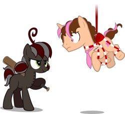 Size: 2258x2049 | Tagged: safe, artist:zacatron94, oc, oc only, oc:squeaky pitch, oc:think pink, species:earth pony, species:pony, species:unicorn, female, male, mare, piñata, simple background, stallion, transparent background