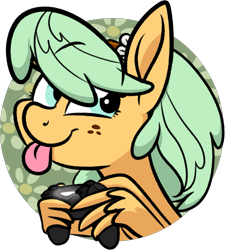Size: 1785x1986 | Tagged: safe, artist:binkyt11, part of a set, oc, oc:daphne, species:pegasus, species:pony, abstract background, blep, circle background, controller, cutie mark background, female, flower, flower in hair, freckles, headband, icon, mare, playstation, tongue out, wing hands, wings