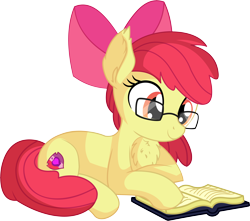 Size: 6836x6045 | Tagged: safe, artist:cyanlightning, character:apple bloom, species:earth pony, species:pony, .svg available, absurd resolution, adorkable, book, chest fluff, cute, dork, ear fluff, female, filly, glasses, nerd, prone, reading, simple background, sitting, smiling, solo, transparent background, vector