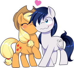 Size: 1861x1725 | Tagged: safe, artist:xwhitedreamsx, character:applejack, oc, oc:constance everheart, species:pony, canon x oc, everjack, female, heart, kissing, male, shipping, simple background, straight, transparent background