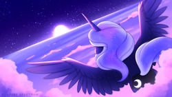 Size: 1280x721 | Tagged: safe, artist:scarlet-spectrum, character:princess luna, species:pony, cloud, female, flying, mare, solo, stars