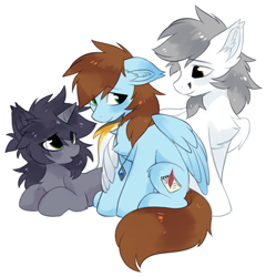 Size: 758x788 | Tagged: safe, artist:hioshiru, oc, oc only, oc:kate, oc:kej, oc:sorren, species:pegasus, species:pony, species:unicorn, embarrassed, floppy ears, looking at each other, lying down, open mouth, prone, simple background, sitting, smiling, transparent background