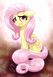 Size: 900x1300 | Tagged: safe, artist:joakaha, character:flutterbat, character:fluttershy, species:bat pony, species:pony, abstract background, bat ponified, crying, dialogue, digital art, female, lip bite, mare, race swap, signature, solo