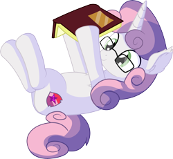 Size: 6682x6148 | Tagged: safe, artist:cyanlightning, character:sweetie belle, species:pony, species:unicorn, .svg available, absurd resolution, adorkable, book, chest fluff, cute, cutie mark, diasweetes, dork, ear fluff, female, filly, glasses, nerd, on back, reading, simple background, smiling, solo, tail stand, the cmc's cutie marks, transparent background, vector