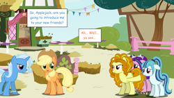 Size: 1280x720 | Tagged: safe, artist:hakunohamikage, character:adagio dazzle, character:applejack, character:aria blaze, character:sonata dusk, character:trixie, ask-princesssparkle, the dazzlings