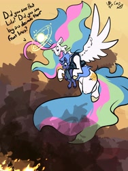 Size: 3072x4096 | Tagged: safe, artist:greyscaleart, character:princess celestia, character:princess luna, species:alicorn, species:pony, alternate cutie mark, baby carrier, baby talk, constellation freckles, destruction, dialogue, female, filly, fire, flying, foal carrier, glowing horn, gun, halo, horn, magic, mood whiplash, royal sisters, smoke, sun, this will end in ptsd, war, weapon, woona, younger