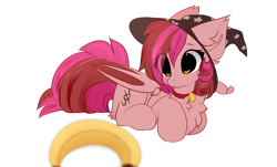 Size: 1666x1008 | Tagged: safe, artist:little-sketches, oc, oc:velvet silverwing, species:bat pony, species:pony, banana, bat pony oc, chest fluff, clothing, eye clipping through hair, female, food, hat, mare, ponyloaf, prone, simple background, solo, white background, witch hat