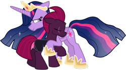 Size: 10509x5851 | Tagged: safe, artist:ejlightning007arts, character:fizzlepop berrytwist, character:tempest shadow, character:twilight sparkle, character:twilight sparkle (alicorn), species:alicorn, species:pony, species:unicorn, ship:tempestlight, episode:the last problem, g4, my little pony: friendship is magic, broken horn, eye scar, female, horn, immortality blues, lesbian, older, older tempest shadow, older twilight, princess twilight 2.0, scar, shipping, simple background, transparent background