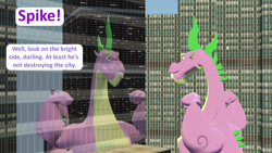 Size: 1920x1080 | Tagged: safe, artist:red4567, character:spike, species:dragon, 3d, building, city, flexing, implied rarity, implied twilight sparkle, looking good spike, reflection, skyscraper, source filmmaker, spikezilla