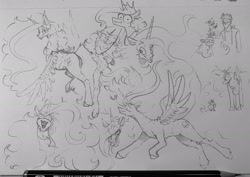 Size: 2048x1454 | Tagged: safe, artist:greyscaleart, character:princess celestia, character:twilight sparkle, oc, oc:human grey, species:pony, female, filly, filly twilight sparkle, head pat, monochrome, onomatopoeia, pat, pencil drawing, sketch, sketch dump, smol, traditional art, younger