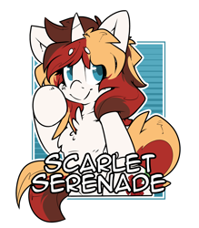 Size: 2100x2400 | Tagged: safe, artist:bbsartboutique, oc, oc only, oc:scarlet serenade, species:pony, species:unicorn, badge, con badge, female, mare, smiling, solo