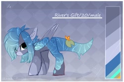 Size: 1096x729 | Tagged: safe, artist:little-sketches, oc, oc only, oc:river's gift, species:pony, abstract background, male, original species, reference sheet, solo, water pony