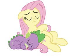 Size: 750x578 | Tagged: safe, artist:red4567, edit, editor:undeadponysoldier, character:fluttershy, character:spike, species:pegasus, species:pony, ship:flutterspike, cute, eyes closed, female, fluttermom, male, mare, shipping, simple background, sleeping, spikelove, straight, white background