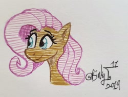 Size: 2506x1907 | Tagged: safe, artist:binkyt11, derpibooru original, character:fluttershy, species:pegasus, species:pony, bust, female, mare, pen drawing, solo, style emulation, traditional art