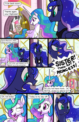 Size: 1989x3072 | Tagged: safe, artist:docwario, character:princess celestia, character:princess luna, oc, oc:alice goldenfeather, oc:flaky pastry, species:alicorn, species:pony, comic:royal chores, angry, comic, dialogue, eyes closed, jewelry, necklace, open mouth, royal sisters, speech bubble