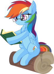 Size: 5507x7554 | Tagged: safe, artist:cyanlightning, character:rainbow dash, species:pegasus, species:pony, .svg available, absurd resolution, adorkable, book, chest fluff, cute, dashabetes, dork, ear fluff, female, folded wings, glasses, log, mare, nerd, rainbow dork, reading, reading rainboom, simple background, sitting, smiling, solo, transparent background, vector, wing fluff, wings
