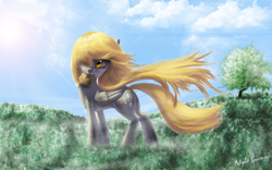 Size: 1680x1050 | Tagged: safe, artist:grissaecrim, artist:night-specter, character:derpy hooves, species:pegasus, species:pony, beautiful, crepuscular rays, epic derpy, faec, female, food, hair over one eye, mare, meadow, mouth hold, muffin, solo, tree, windswept mane