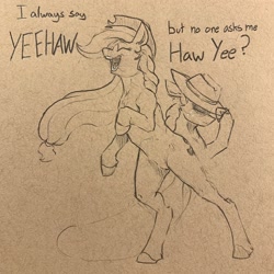 Size: 2048x2048 | Tagged: safe, artist:greyscaleart, character:applejack, species:earth pony, species:pony, g4, clothing, cowboy hat, dialogue, female, hat, hat over eyes, mare, monochrome, open mouth, pencil drawing, rearing, solo, text, traditional art, yeehaw