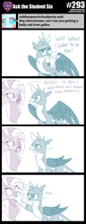 Size: 800x2083 | Tagged: safe, artist:sintakhra, character:gallus, character:silverstream, species:griffon, species:hippogriff, tumblr:studentsix, ..., arrow, boop, female, gallus is not amused, male, no, pushing, smiling, smirk, squeak, unamused
