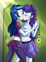 Size: 1524x2048 | Tagged: safe, artist:thebrokencog, character:rarity, character:shining armor, ship:rariarmor, my little pony:equestria girls, alumna gleaming shield, ass, belly button, belt, breasts, butt, clothing, commission, commissioner:alkonium, cutie mark on clothes, equestria guys, female, gleaming shield, half r63 shipping, holding hands, infidelity, infidelity armor, kissing, leggings, lesbian, lockers, midriff, miniskirt, pleated skirt, rarigleam, rule 63, shipping, skirt, thighs