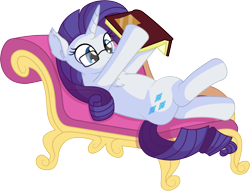 Size: 7468x5708 | Tagged: safe, artist:cyanlightning, character:rarity, species:pony, species:unicorn, .svg available, absurd resolution, adorkable, book, chest fluff, cute, cutie mark, dork, ear fluff, fainting couch, female, glasses, mare, nerd, on back, rarara, raribetes, reading, simple background, smiling, solo, transparent background, vector