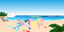 Size: 1070x537 | Tagged: safe, artist:anxet, artist:cyanlightning, artist:flutterschoer, artist:jawsandgumballfan24, artist:oshipush, artist:red4567, character:fluttershy, character:rainbow dash, character:rumble, character:sweetie belle, oc, oc:cyan lightning, species:crab, species:pegasus, species:pony, species:unicorn, beach, bipedal, covering, dialogue, embarrassed, embarrassed nude exposure, humiliation, implied rumbelle, nudity, ocean, sand, smug, water, we don't normally wear clothes