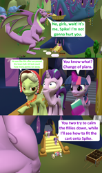 Size: 1920x3240 | Tagged: safe, artist:red4567, character:applejack, character:fluttershy, character:granny smith, character:pinkie pie, character:rainbow dash, character:rarity, character:spike, character:starlight glimmer, character:twilight sparkle, character:twilight sparkle (alicorn), species:alicorn, species:dragon, species:pony, comic:i must regress, 3d, 5-year-old, adult, adult spike, age progression, age regression, book, cart, comic, faint, female, filly, filly fluttershy, filly pinkie pie, filly rainbow dash, filly rarity, giant spike, horn, mane six, older, older spike, source filmmaker, spell gone wrong, spikezilla, twilight's castle, winged spike, winged spikezilla, young granny smith, younger