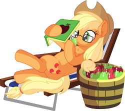 Size: 6830x6072 | Tagged: safe, artist:cyanlightning, character:applejack, species:earth pony, species:pony, .svg available, absurd resolution, apple, applejack's hat, book, chest fluff, clothing, cowboy hat, crossed legs, cute, cutie mark, ear fluff, female, glasses, hat, jackabetes, lounge chair, mare, on back, ponytail, reading, reading glasses, reclining, relaxing, simple background, smiling, solo, stetson, that pony sure does love apples, tied tail, transparent background, vector