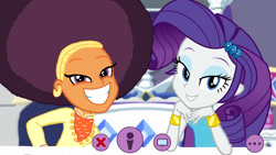 Size: 2400x1350 | Tagged: safe, artist:ktd1993, edit, character:rarity, character:saffron masala, episode:do it for the ponygram!, g4, my little pony: equestria girls, my little pony:equestria girls, spoiler:eqg series (season 2), afro, female, lesbian, raffron, shipping