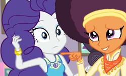 Size: 4000x2419 | Tagged: safe, artist:ktd1993, character:rarity, character:saffron masala, episode:do it for the ponygram!, g4, my little pony: equestria girls, my little pony:equestria girls, spoiler:eqg series (season 2), afro, alternate hairstyle, female, geode of shielding, hair dryer, lesbian, magical geodes, pinkie pie hair, raffron, shipping