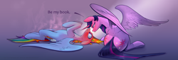 Size: 4314x1475 | Tagged: safe, artist:underpable, artist:xbi, colorist:xbi, derpibooru original, character:rainbow dash, character:twilight sparkle, character:twilight sparkle (alicorn), species:alicorn, species:pegasus, species:pony, ship:twidash, blushing, blushing profusely, book, both cutie marks, dialogue, female, lesbian, looking at each other, mare, shipping, steam, sweat, that pony sure does love books, tongue out